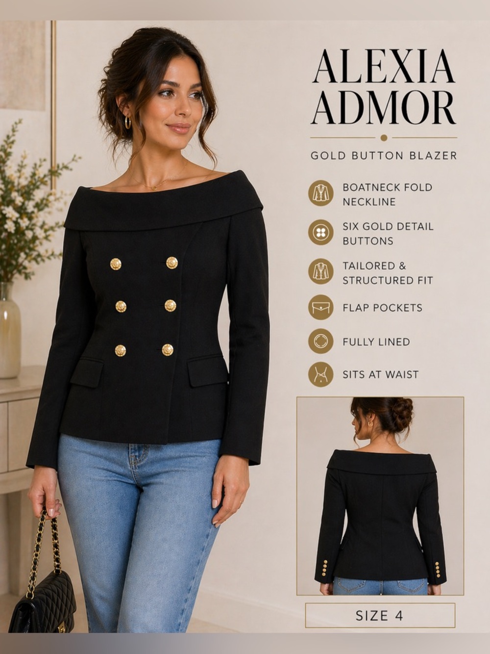 Alexia Admor Black Foldover Boatneck Gold Button Blazer Top Size 4 Structured